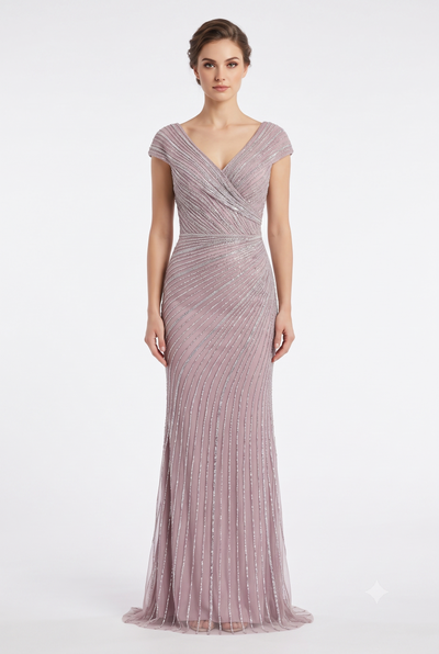 Cap Sleeve V-Neck Fully Beaded Linear Sequin Bodice Sheath Evening Gown by CT-2674