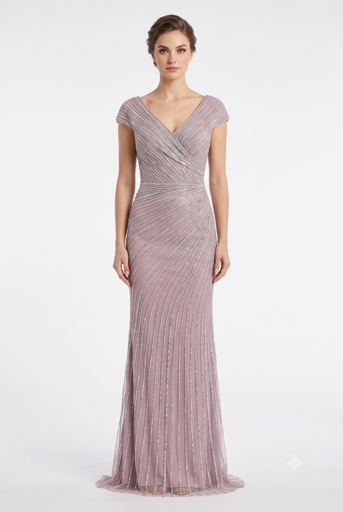 Cap Sleeve V-Neck Fully Beaded Linear Sequin Bodice Sheath Evening Gown by CT-2674