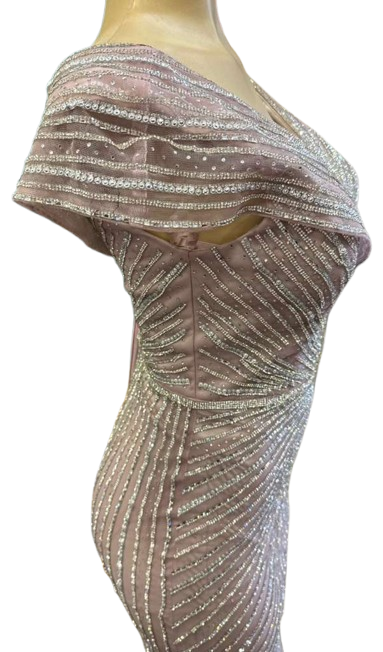Cap Sleeve V-Neck Fully Beaded Linear Sequin Bodice Sheath Evening Gown by CT-2674