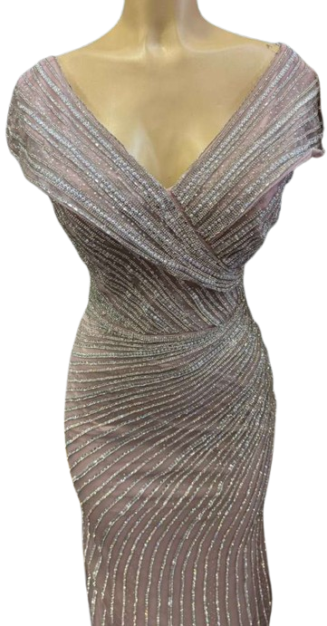 Cap Sleeve V-Neck Fully Beaded Linear Sequin Bodice Sheath Evening Gown by CT-2674