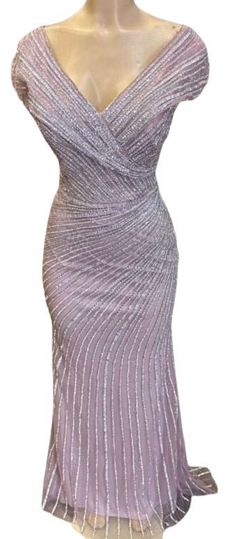 Cap Sleeve V-Neck Fully Beaded Linear Sequin Bodice Sheath Evening Gown by CT-2674