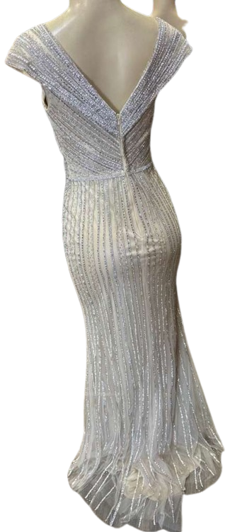 Cap Sleeve V-Neck Fully Beaded Linear Sequin Bodice Sheath Evening Gown by CT-2674