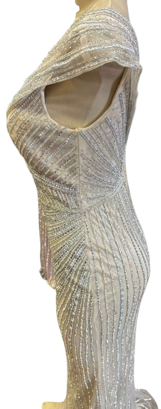 Cap Sleeve V-Neck Fully Beaded Linear Sequin Bodice Sheath Evening Gown by CT-2674