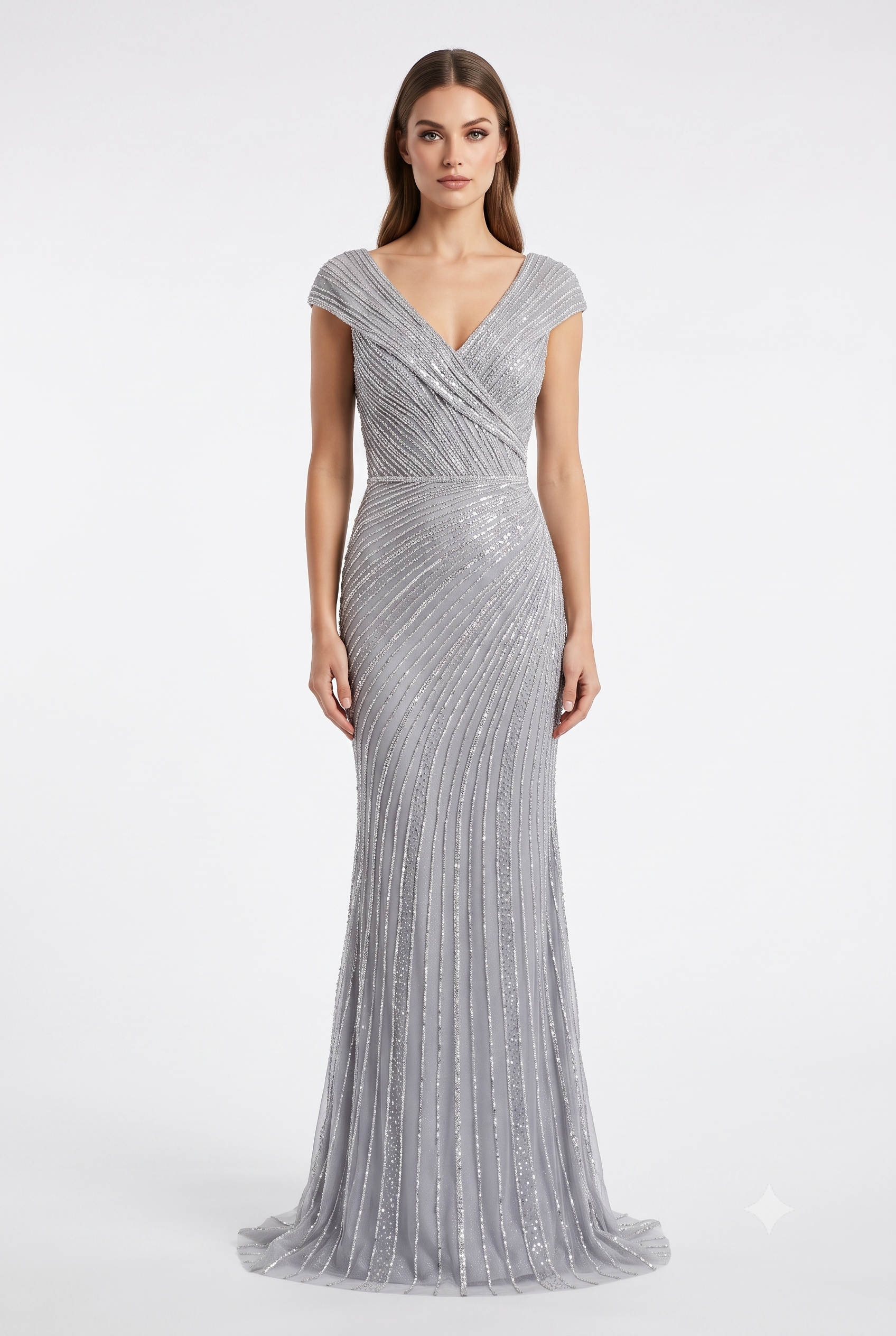 Cap Sleeve V-Neck Fully Beaded Linear Sequin Bodice Sheath Evening Gown by CT-2674