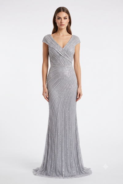 Cap Sleeve V-Neck Fully Beaded Linear Sequin Bodice Sheath Evening Gown by CT-2674