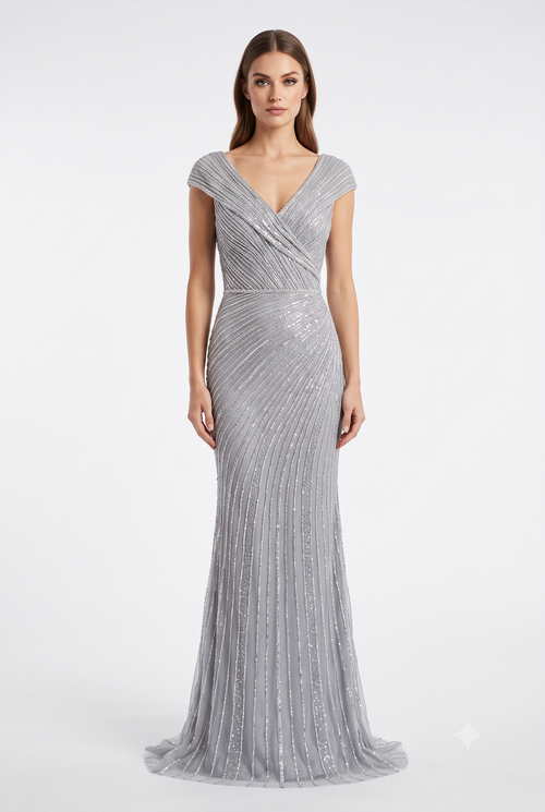 Cap Sleeve V-Neck Fully Beaded Linear Sequin Bodice Sheath Evening Gown by CT-2674