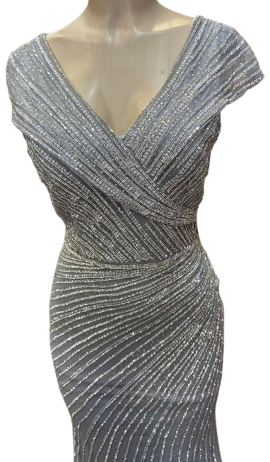 Cap Sleeve V-Neck Fully Beaded Linear Sequin Bodice Sheath Evening Gown by CT-2674