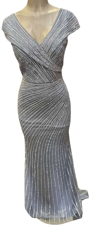 Cap Sleeve V-Neck Fully Beaded Linear Sequin Bodice Sheath Evening Gown by CT-2674