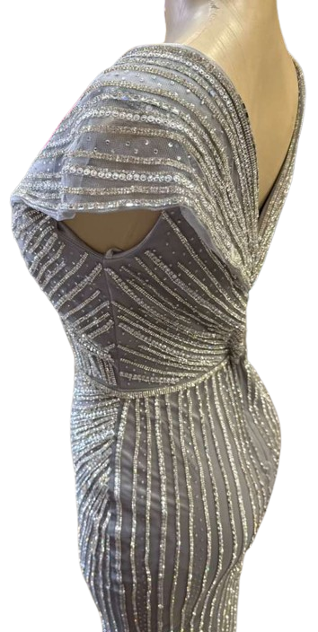 Cap Sleeve V-Neck Fully Beaded Linear Sequin Bodice Sheath Evening Gown by CT-2674
