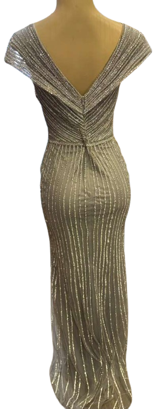 Cap Sleeve V-Neck Fully Beaded Linear Sequin Bodice Sheath Evening Gown by CT-2674