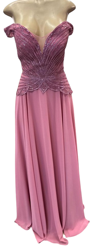 Off-Shoulder Beaded Chiffon A-Line Mother of the Bride Dress with Cap Sleeve by CT-2677