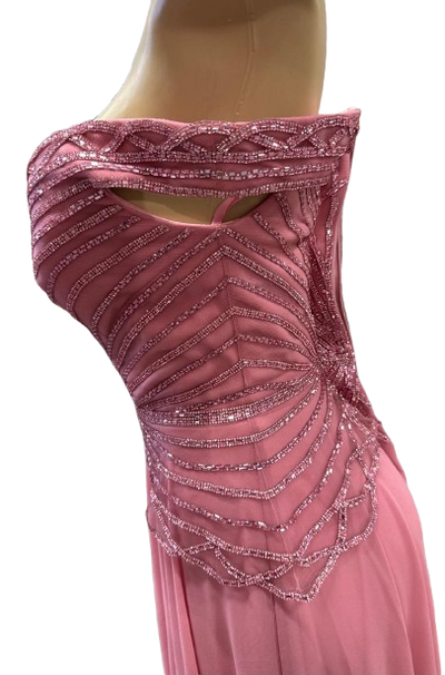 Off-Shoulder Beaded Chiffon A-Line Mother of the Bride Dress with Cap Sleeve by CT-2677