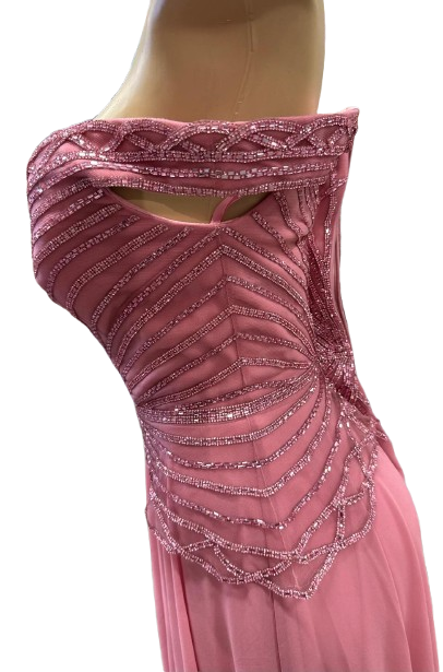 Off-Shoulder Beaded Chiffon A-Line Mother of the Bride Dress with Cap Sleeve by CT-2677