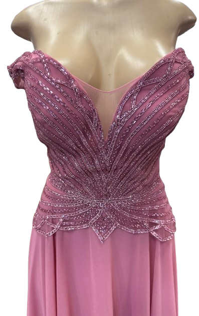 Off-Shoulder Beaded Chiffon A-Line Mother of the Bride Dress with Cap Sleeve by CT-2677