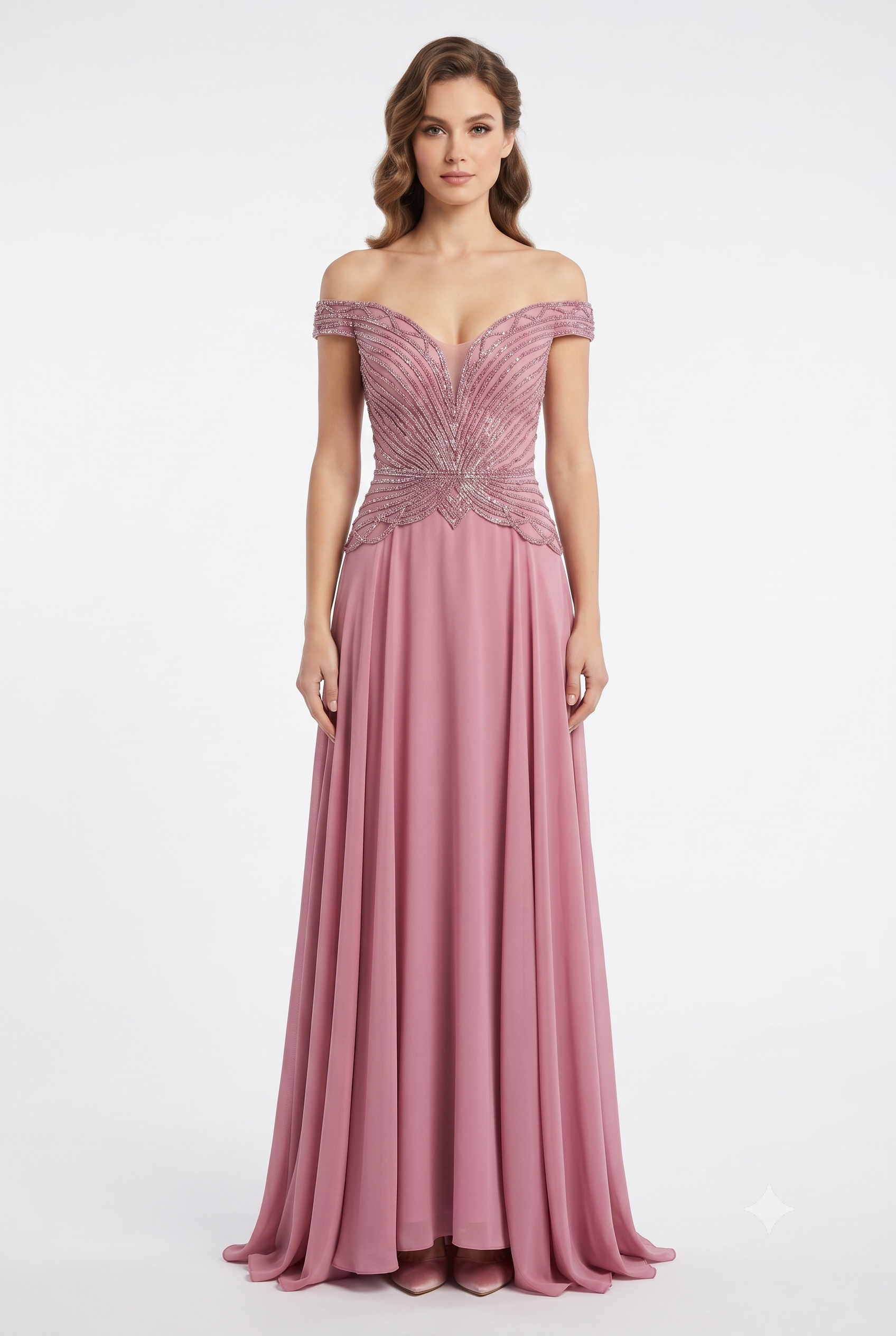 Off-Shoulder Beaded Chiffon A-Line Mother of the Bride Dress with Cap Sleeve by CT-2677