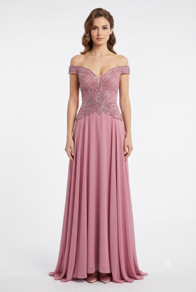 Off-Shoulder Beaded Chiffon A-Line Mother of the Bride Dress with Cap Sleeve by CT-2677