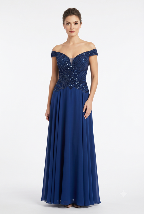 Off-Shoulder Beaded Chiffon A-Line Mother of the Bride Dress with Cap Sleeve by CT-2677