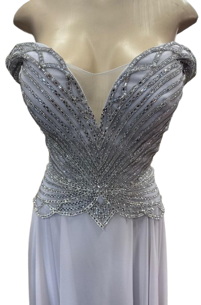Off-Shoulder Beaded Chiffon A-Line Mother of the Bride Dress with Cap Sleeve by CT-2677