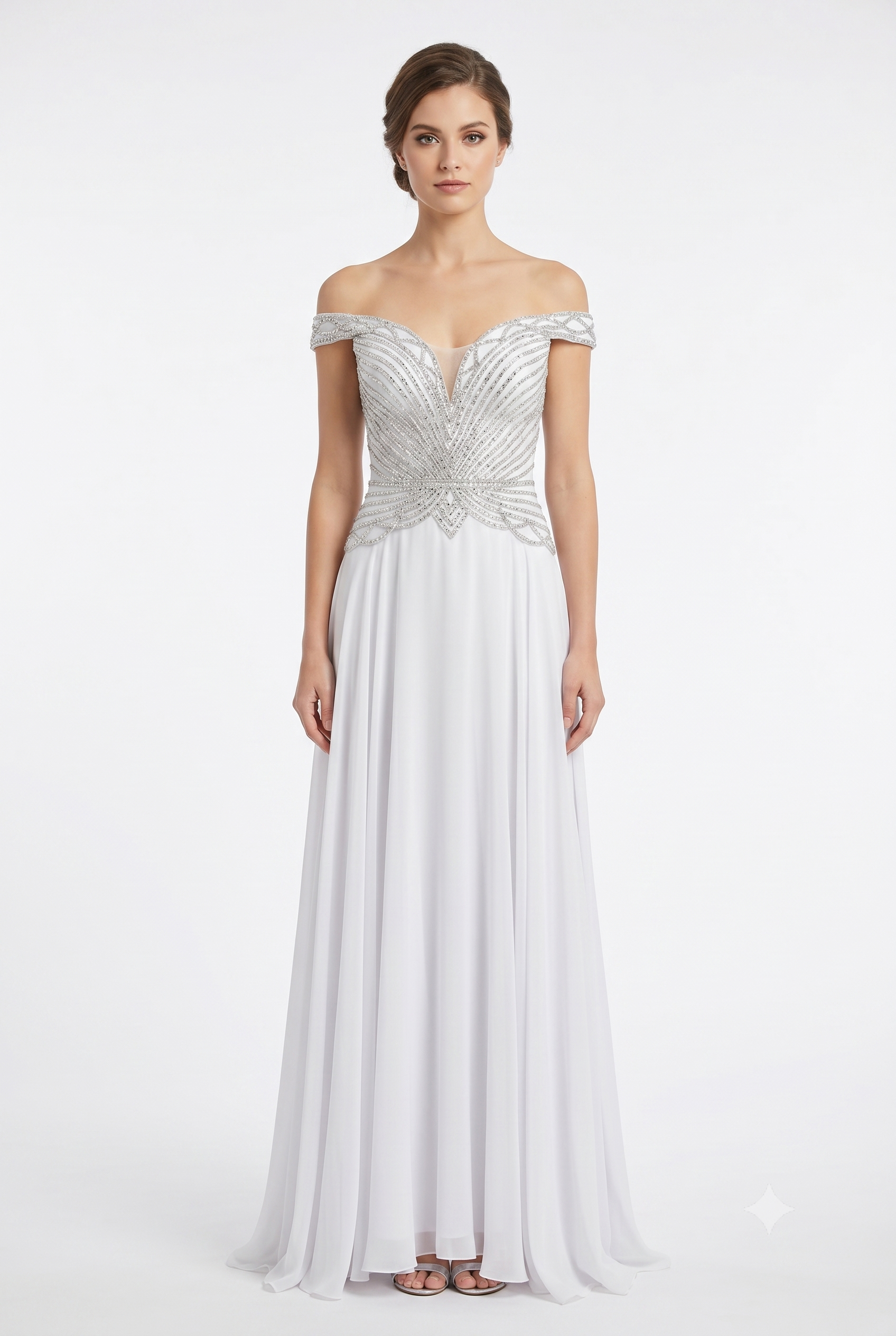 Off-Shoulder Beaded Chiffon A-Line Mother of the Bride Dress with Cap Sleeve by CT-2677