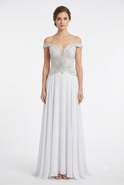 Off-Shoulder Beaded Chiffon A-Line Mother of the Bride Dress with Cap Sleeve by CT-2677