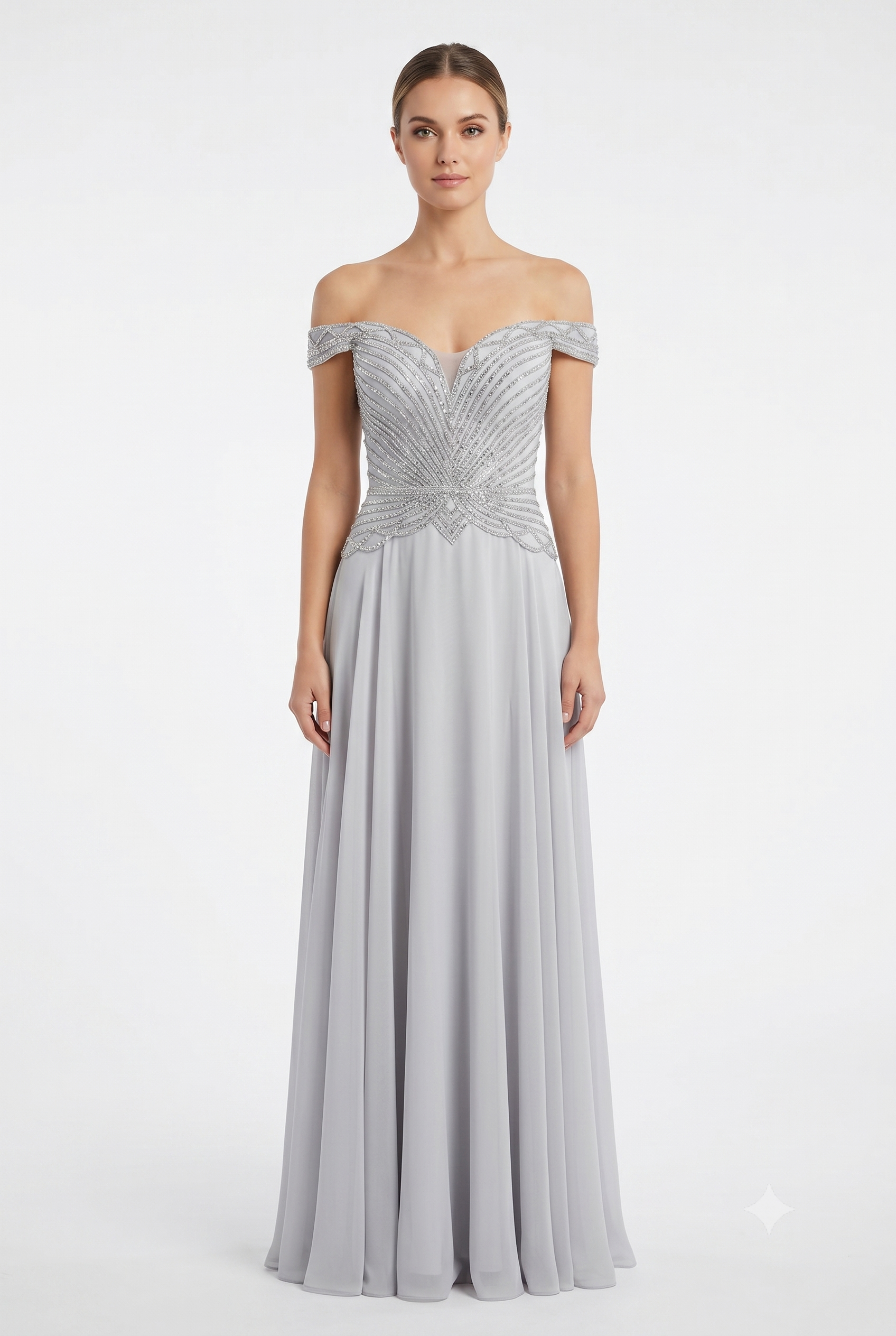 Off-Shoulder Beaded Chiffon A-Line Mother of the Bride Dress with Cap Sleeve by 2677