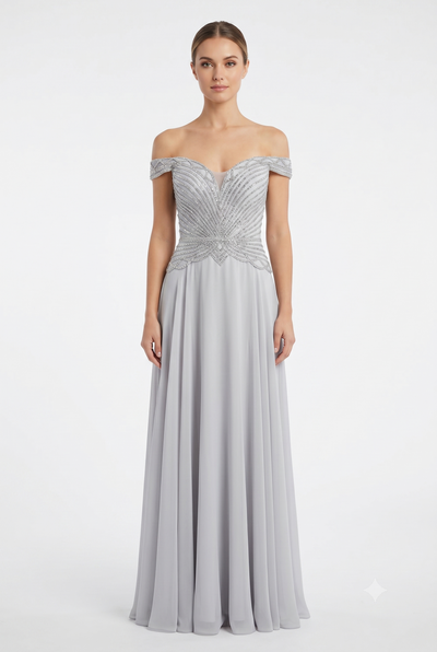 Off-Shoulder Beaded Chiffon A-Line Mother of the Bride Dress with Cap Sleeve by 2677