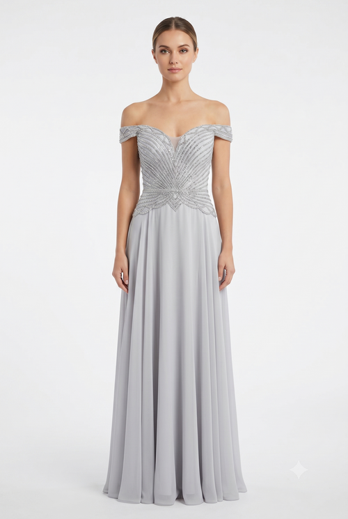 Off-Shoulder Beaded Chiffon A-Line Mother of the Bride Dress with Cap Sleeve by 2677