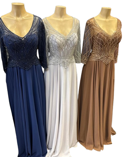 Sequin Beaded Deep V-Neck A-Line Floral Lace Bodice Formal Evening Gown by Ct-2678