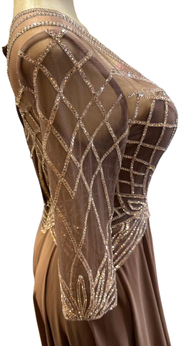 Sequin Beaded Deep V-Neck A-Line Floral Lace Bodice Formal Evening Gown by Ct-2678