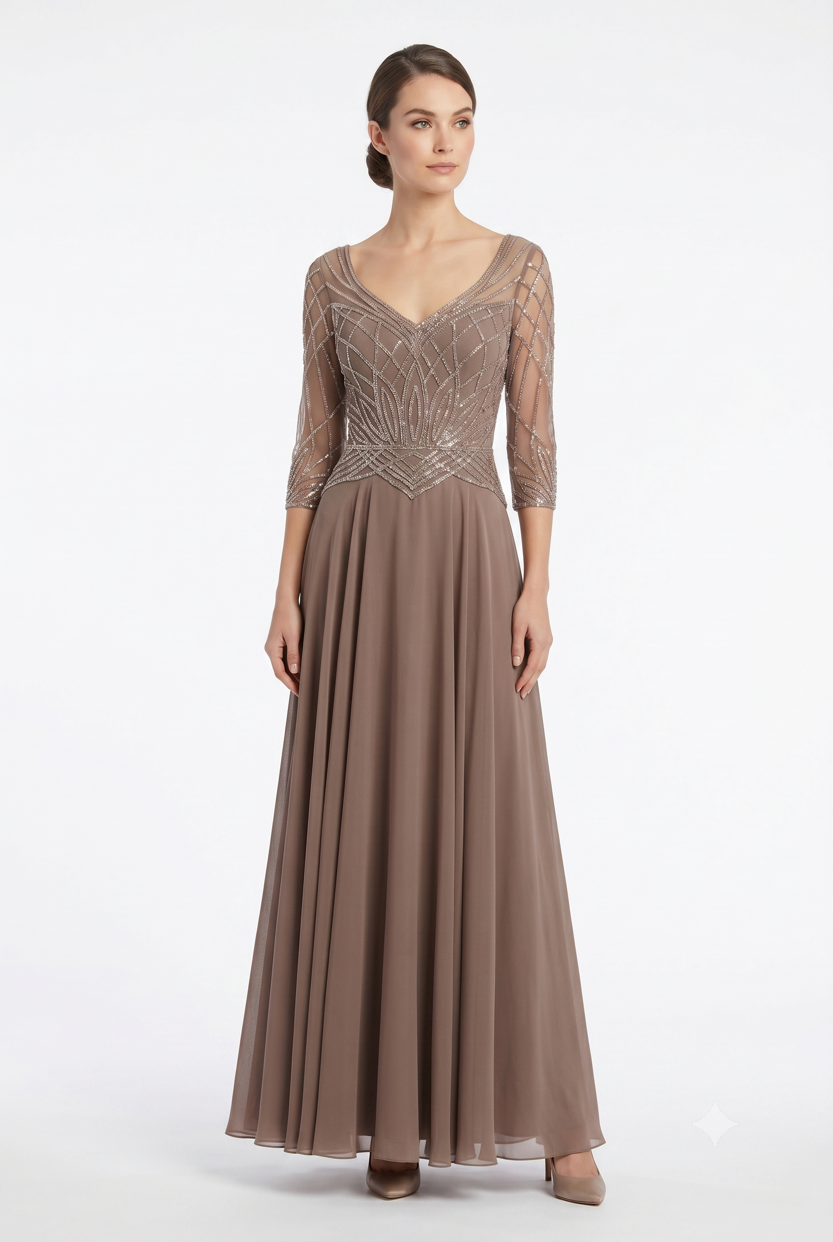 Sequin Beaded Deep V-Neck A-Line Floral Lace Bodice Formal Evening Gown by Ct-2678