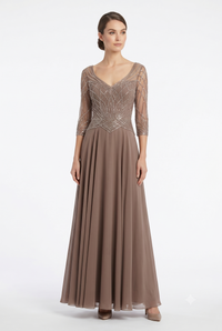 Sequin Beaded Deep V-Neck A-Line Floral Lace Bodice Formal Evening Gown by Ct-2678