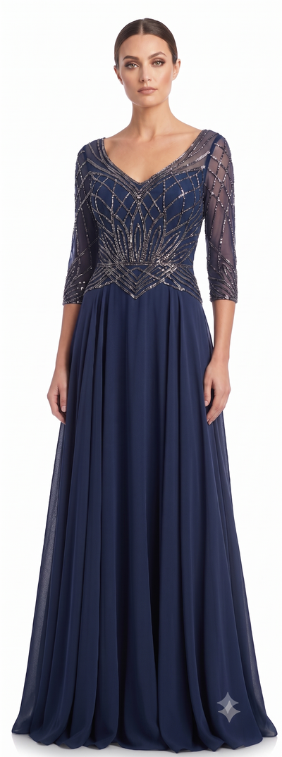 Sequin Beaded Deep V-Neck A-Line Floral Lace Bodice Formal Evening Gown by Ct-2678