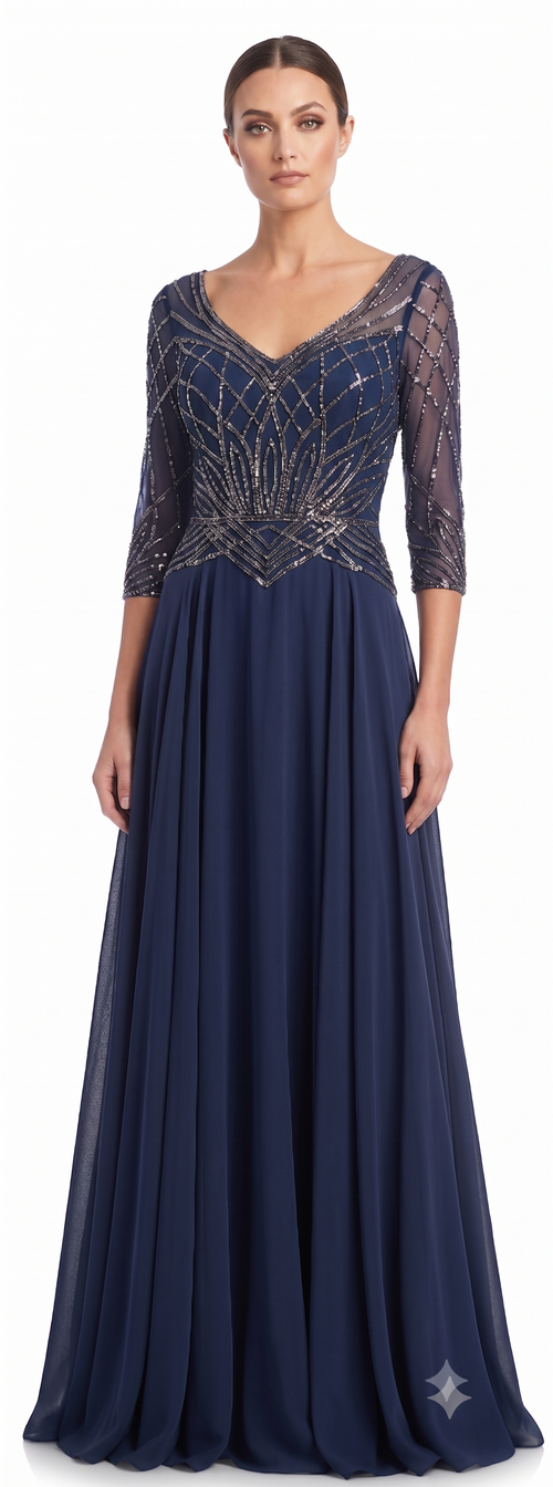 Sequin Beaded Deep V-Neck A-Line Floral Lace Bodice Formal Evening Gown by Ct-2678