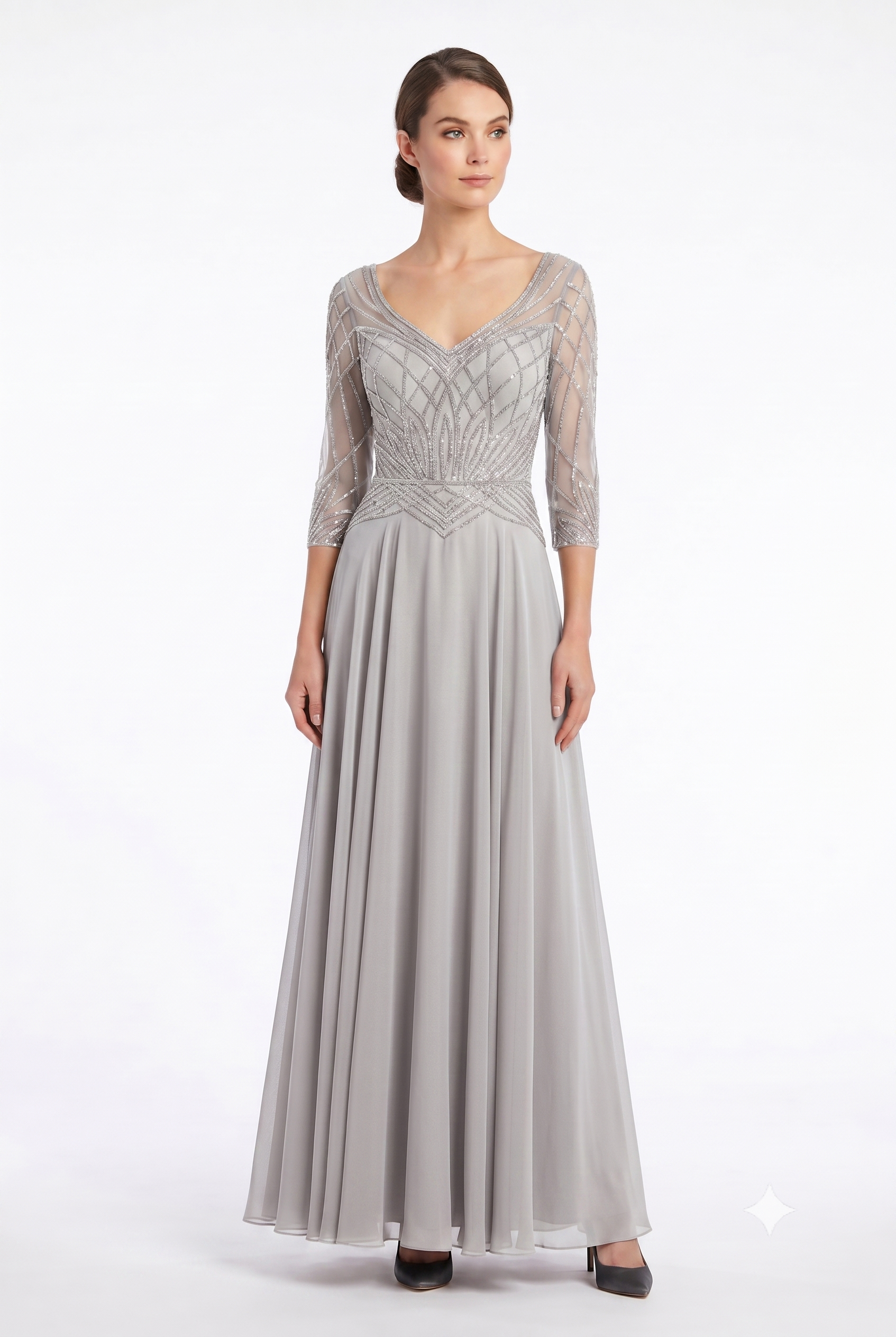 Sequin Beaded Deep V-Neck A-Line Floral Lace Bodice Formal Evening Gown by Ct-2678