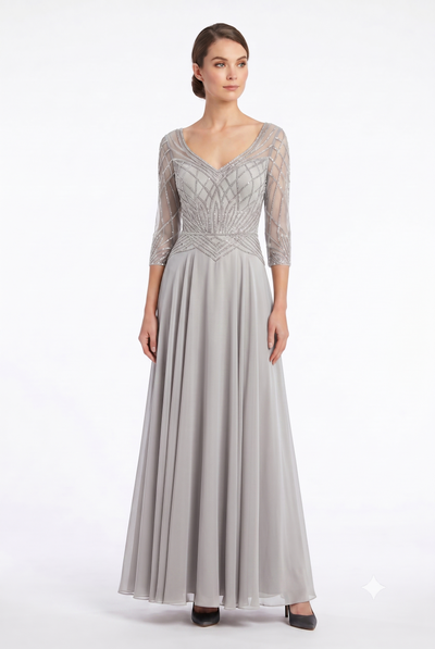Sequin Beaded Deep V-Neck A-Line Floral Lace Bodice Formal Evening Gown by Ct-2678
