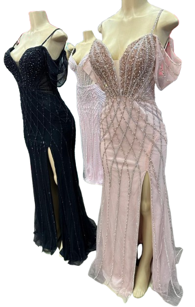 Beaded Diamond Mermaid Prom Dress with Cold-Shoulder Flutter Sleeves & High Slit by CT-2679