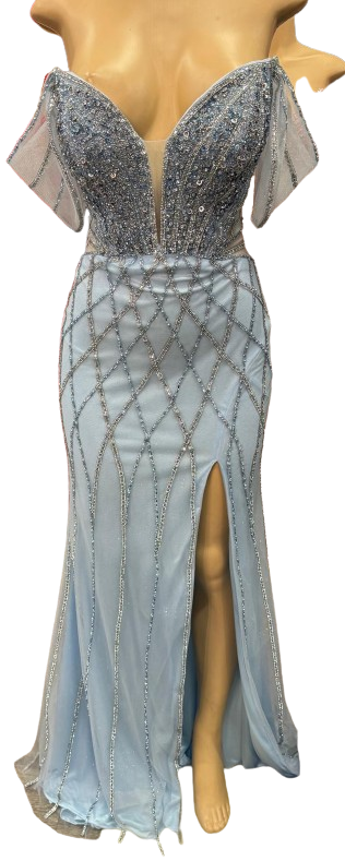 Beaded Diamond Mermaid Prom Dress with Cold-Shoulder Flutter Sleeves & High Slit by CT-2679