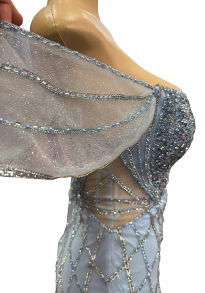 Beaded Diamond Mermaid Prom Dress with Cold-Shoulder Flutter Sleeves & High Slit by CT-2679