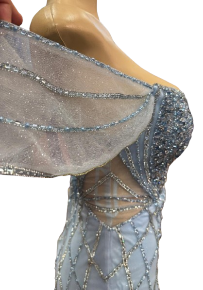 Beaded Diamond Mermaid Prom Dress with Cold-Shoulder Flutter Sleeves & High Slit by CT-2679