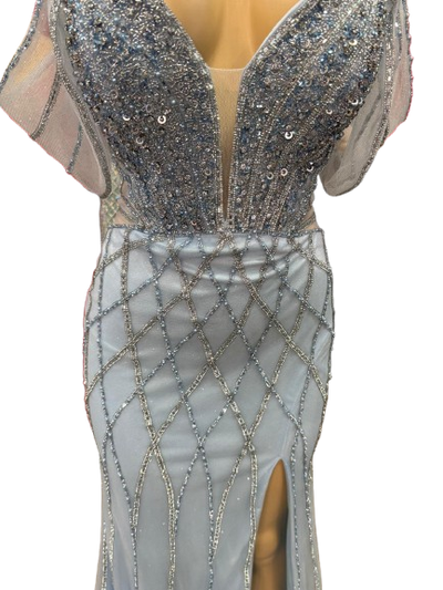 Beaded Diamond Mermaid Prom Dress with Cold-Shoulder Flutter Sleeves & High Slit by CT-2679