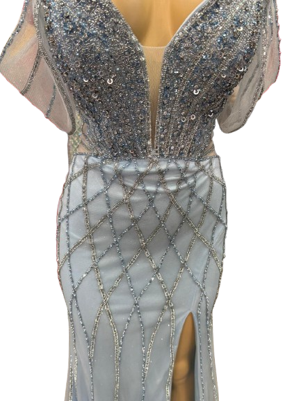 Beaded Diamond Mermaid Prom Dress with Cold-Shoulder Flutter Sleeves & High Slit by CT-2679