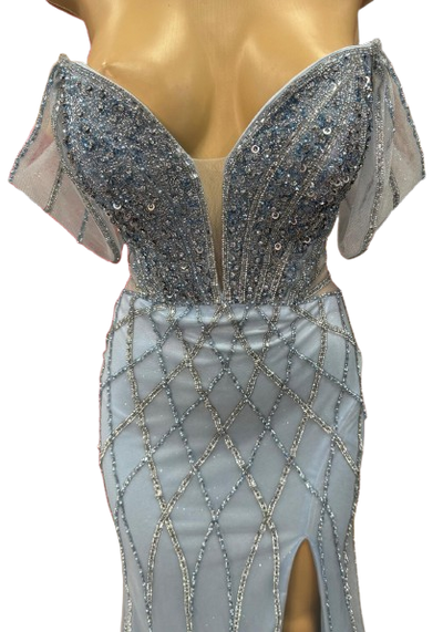 Beaded Diamond Mermaid Prom Dress with Cold-Shoulder Flutter Sleeves & High Slit by CT-2679