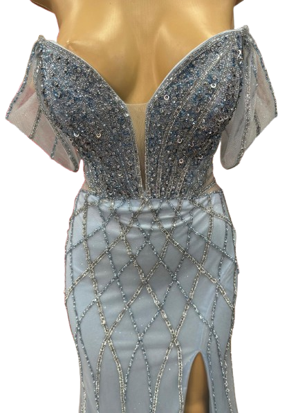 Beaded Diamond Mermaid Prom Dress with Cold-Shoulder Flutter Sleeves & High Slit by CT-2679