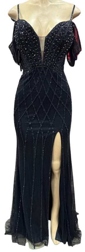 Beaded Diamond Mermaid Prom Dress with Cold-Shoulder Flutter Sleeves & High Slit by CT-2679