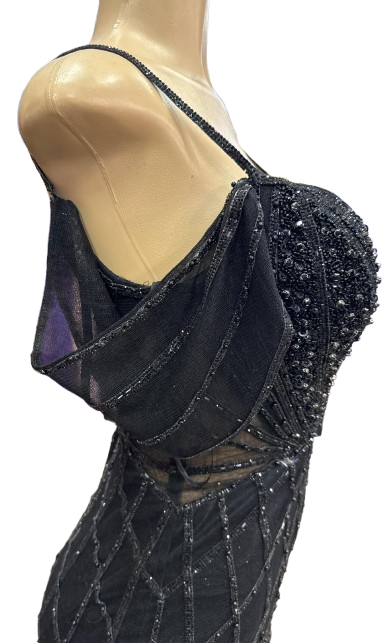 Beaded Diamond Mermaid Prom Dress with Cold-Shoulder Flutter Sleeves & High Slit by CT-2679