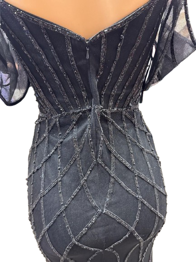 Beaded Diamond Mermaid Prom Dress with Cold-Shoulder Flutter Sleeves & High Slit by CT-2679