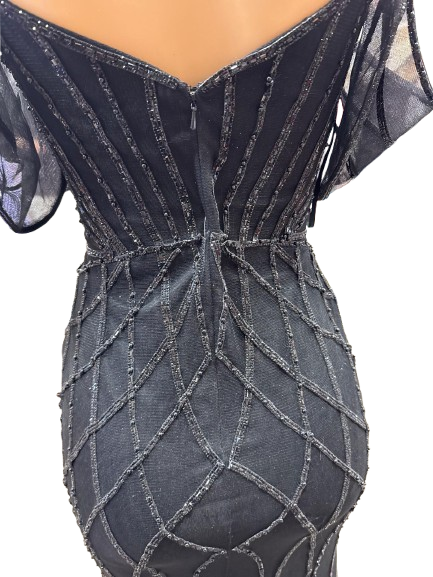 Beaded Diamond Mermaid Prom Dress with Cold-Shoulder Flutter Sleeves & High Slit by CT-2679