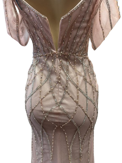 Beaded Diamond Mermaid Prom Dress with Cold-Shoulder Flutter Sleeves & High Slit by CT-2679