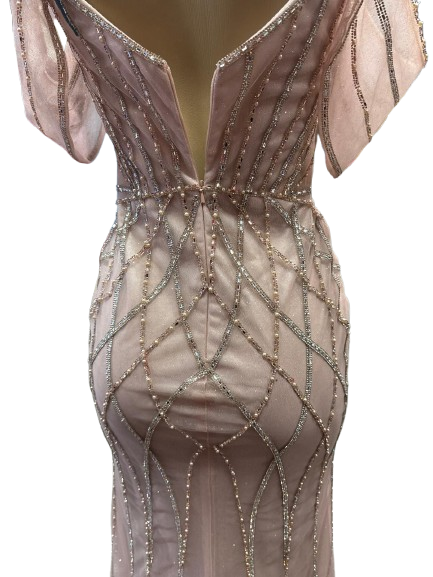 Beaded Diamond Mermaid Prom Dress with Cold-Shoulder Flutter Sleeves & High Slit by CT-2679