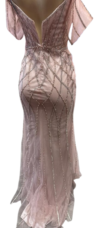 Beaded Diamond Mermaid Prom Dress with Cold-Shoulder Flutter Sleeves & High Slit by CT-2679